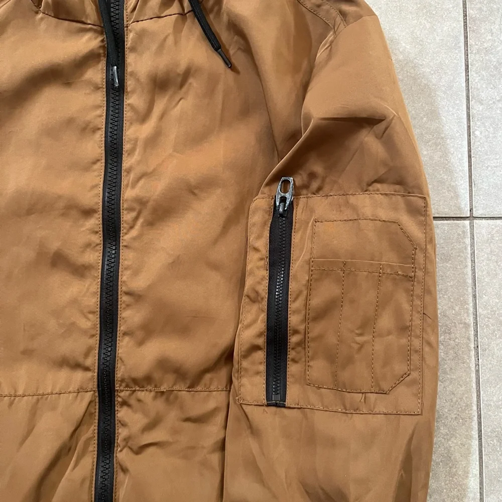 Bershka Brown Hooded Bomber Jacket Mens XS Multiple pockets